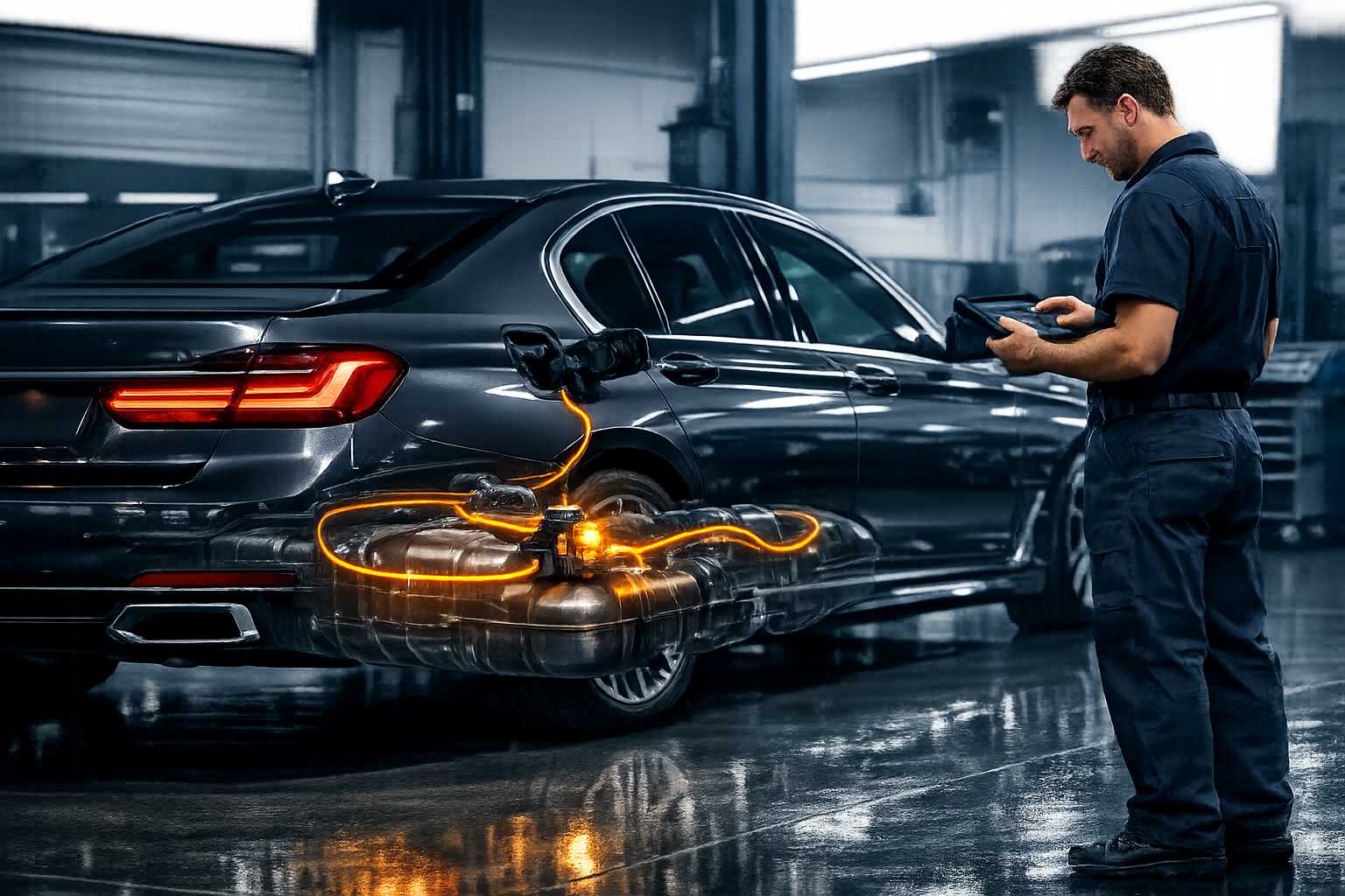 BMW 740I Manufacturer Technical Notice B120526: Intermittent Knocking Sound in Fuel Tank Area at Idle