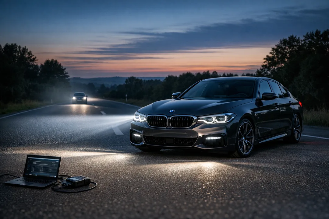 BMW G Series vehicle with anti-dazzle headlights activated through remote coding

