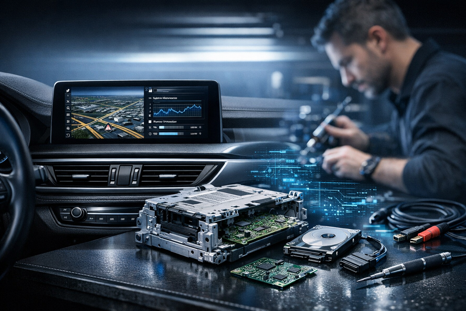BMW NBT and NBT EVO HDD repair setup with an open iDrive head unit, automotive hard drive, circuit board, and diagnostic tools.


