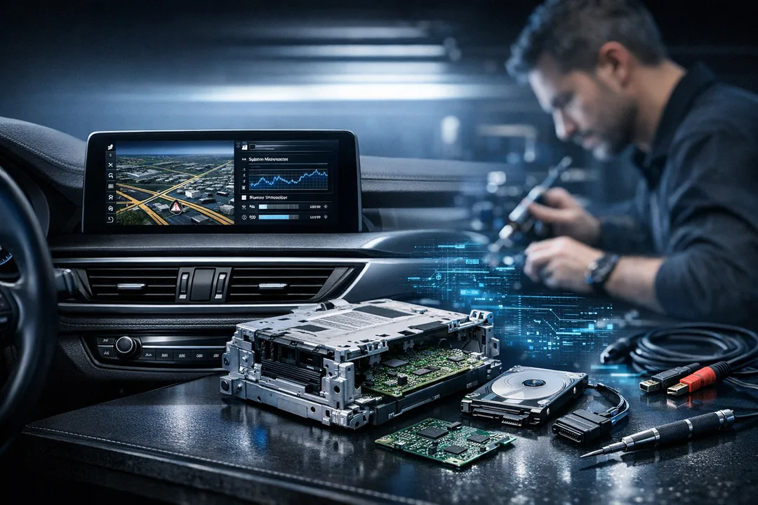 BMW NBT and NBT EVO HDD repair setup with an open iDrive head unit, automotive hard drive, circuit board, and diagnostic tools.

