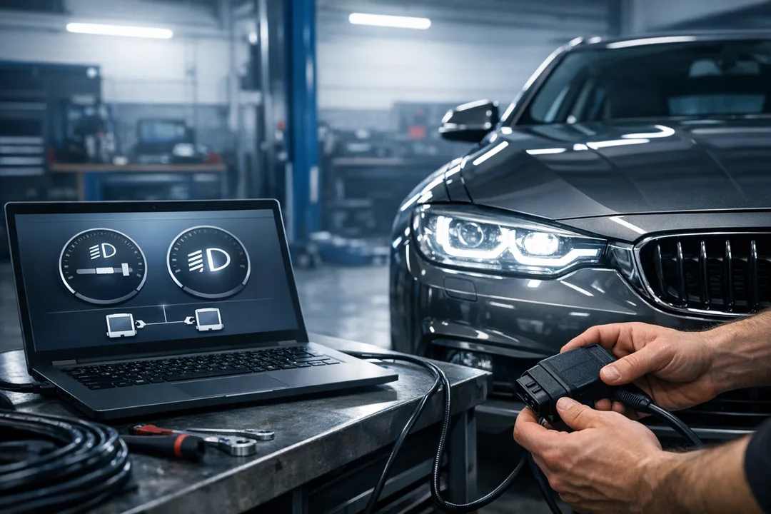 Technician performing remote LWR coding after a Xenon or LED headlight retrofit

