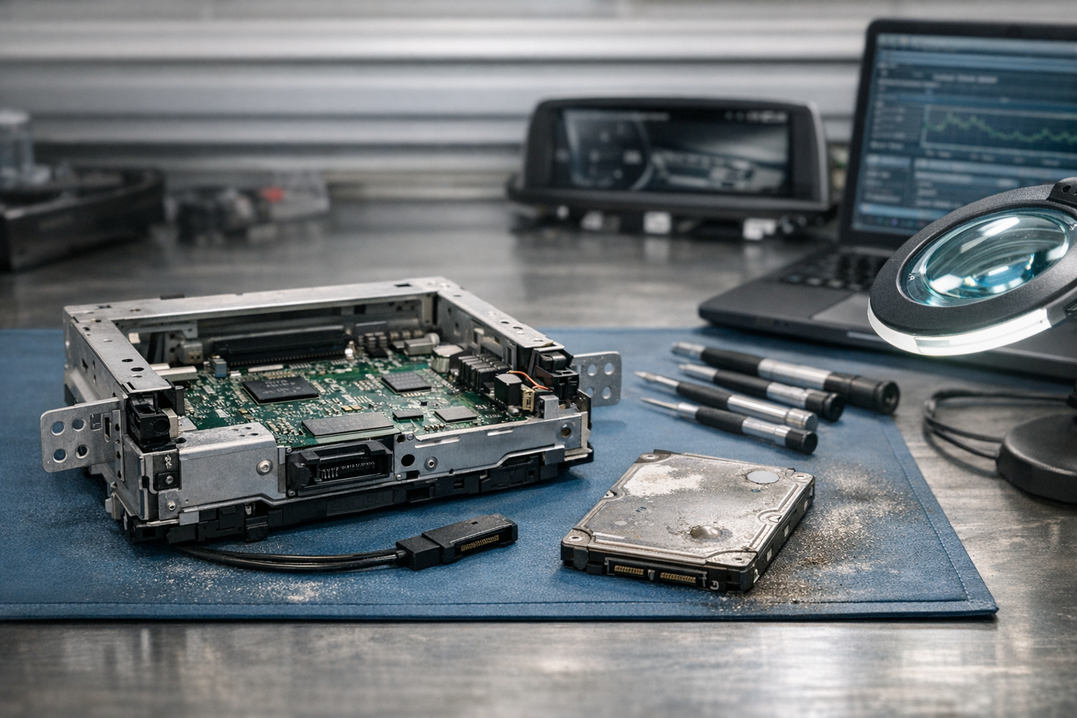 Photorealistic BMW NBT and NBT EVO hard drive repair setup showing an aged HDD, vibration damage, mechanical wear, dust, moisture, and automotive diagnostic equipment.

