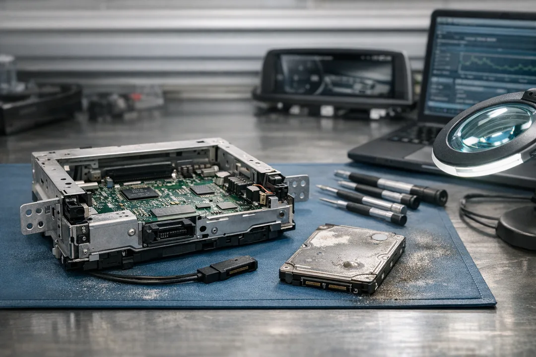 Photorealistic BMW NBT and NBT EVO hard drive repair setup showing an aged HDD, vibration damage, mechanical wear, dust, moisture, and automotive diagnostic equipment.

