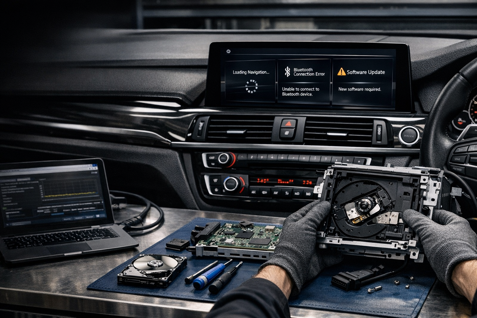 Real-life BMW NBT and NBT EVO defective HDD diagnosis showing navigation loading failure, Bluetooth audio problems, media errors, and an opened head unit.

